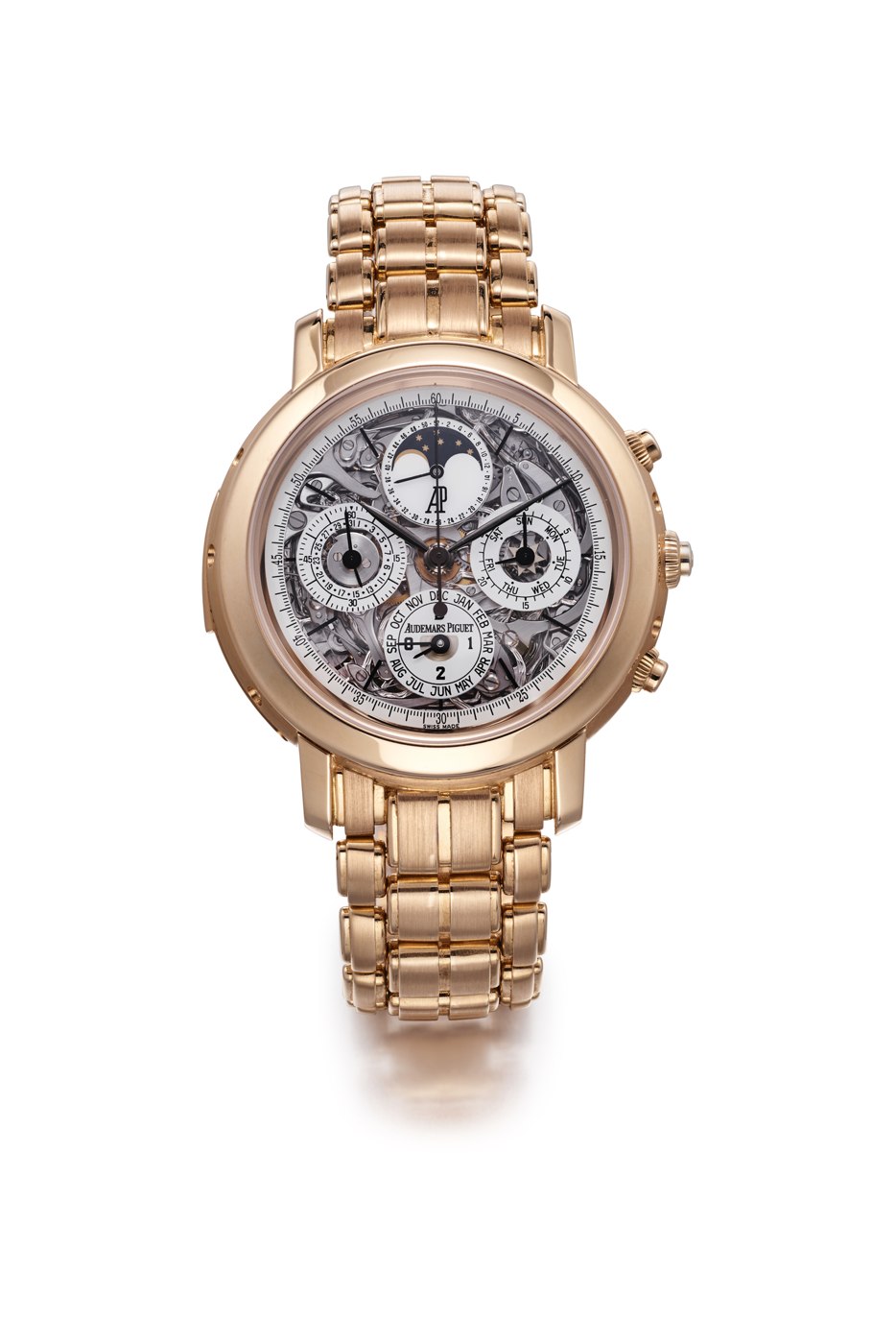 Front view of the Audemars Piguet Jules Audemars Grande Complication in 18k pink gold with skeletonized dial and integrated bracelet.