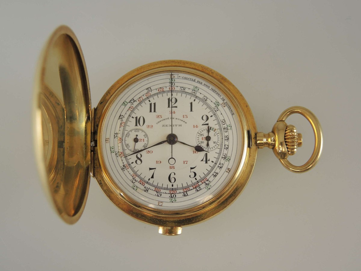 Zenith 18K gold full hunter chronograph pocket watch showing dial and open cover