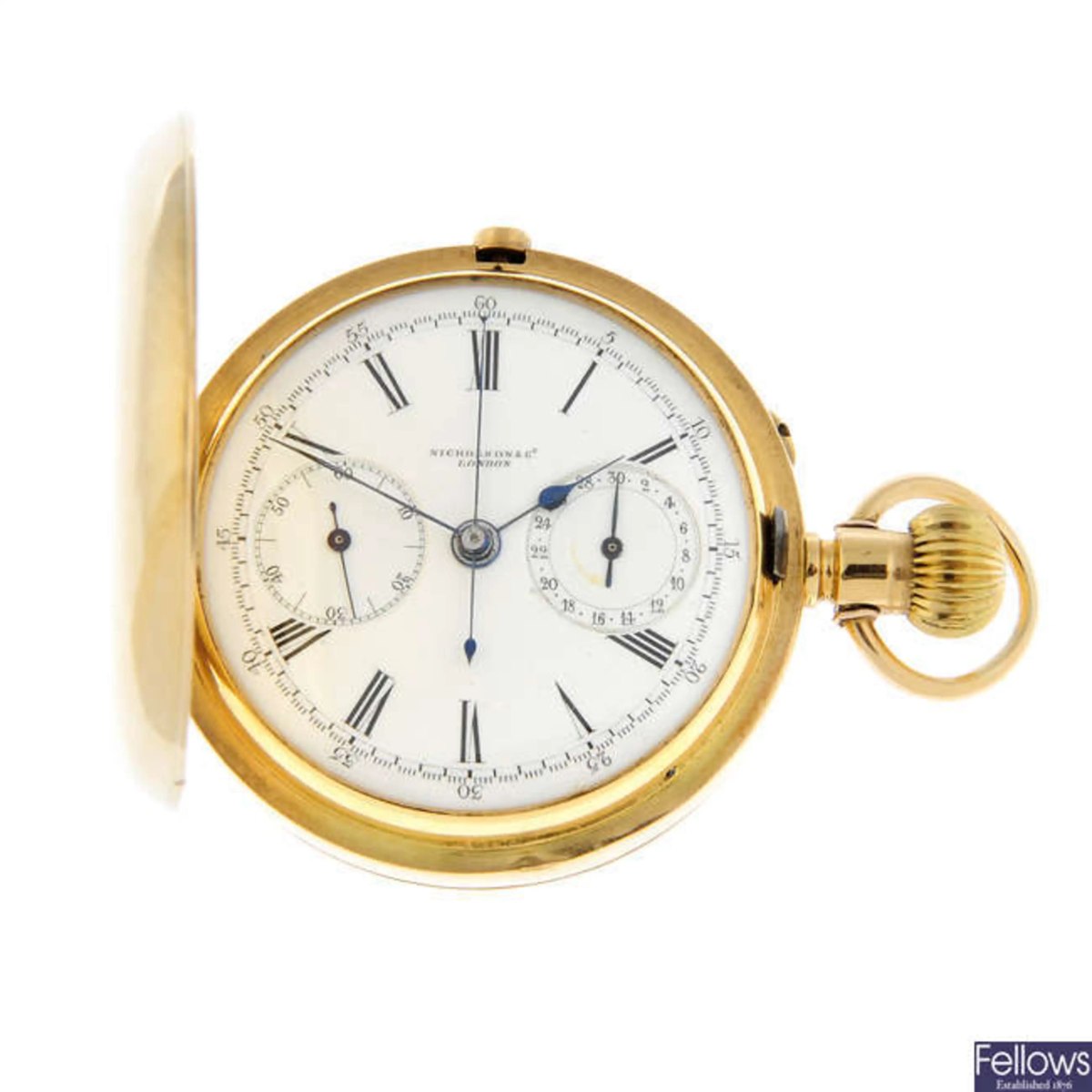 Front view of the 18ct yellow gold pocket watch with hunter cover open showing dial and registers