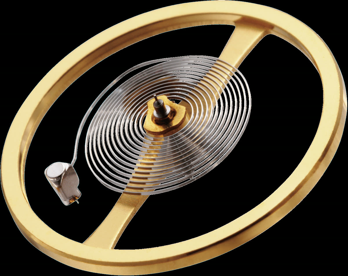 A manufacturer’s close-up of a flat hairspring with its balance assembly. This modern example does not describe every historical spring material or attachment.