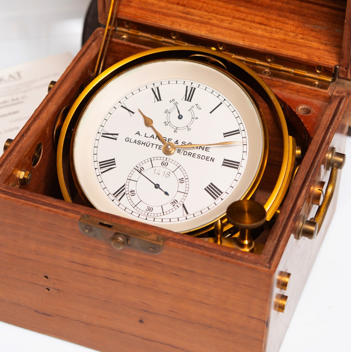 A. Lange & Söhne marine chronometer No. 1418 suspended in brass gimbals inside its fitted wooden box
