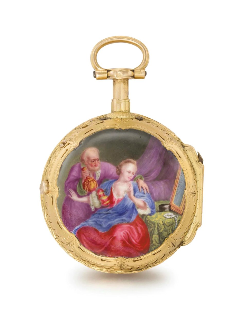 Back view of the Lepaute 18K gold pocket watch displaying the painted enamel scene after Herman Van der Myn