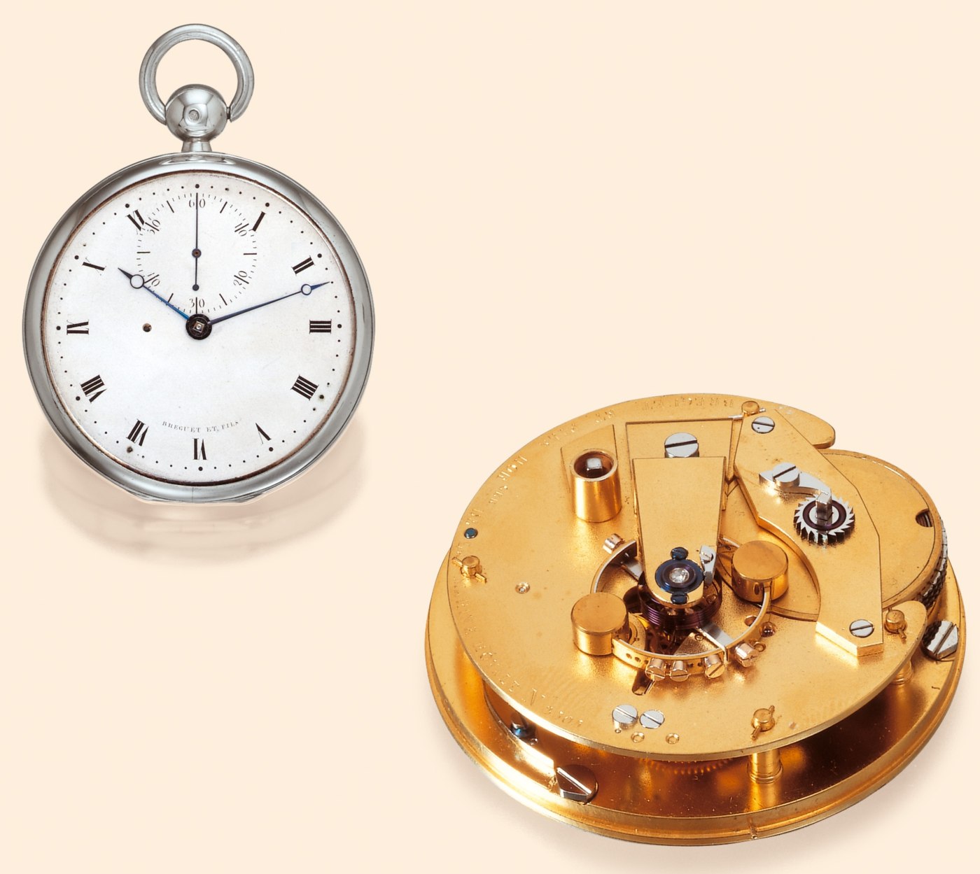 Exterior view of the silver case and the frosted gilt movement.