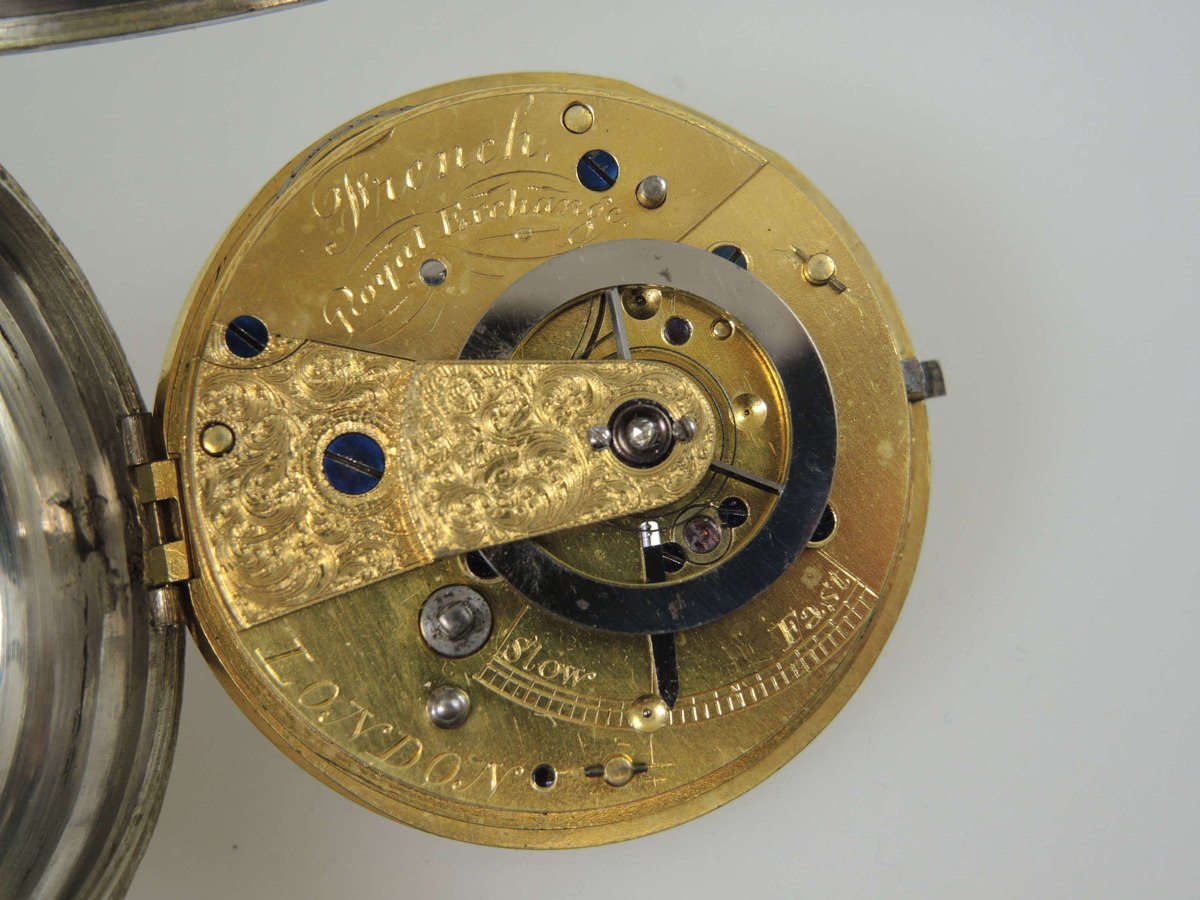 Gilt full-plate fusee movement signed French, Royal Exchange, London, showing the balance assembly and regulation scale
