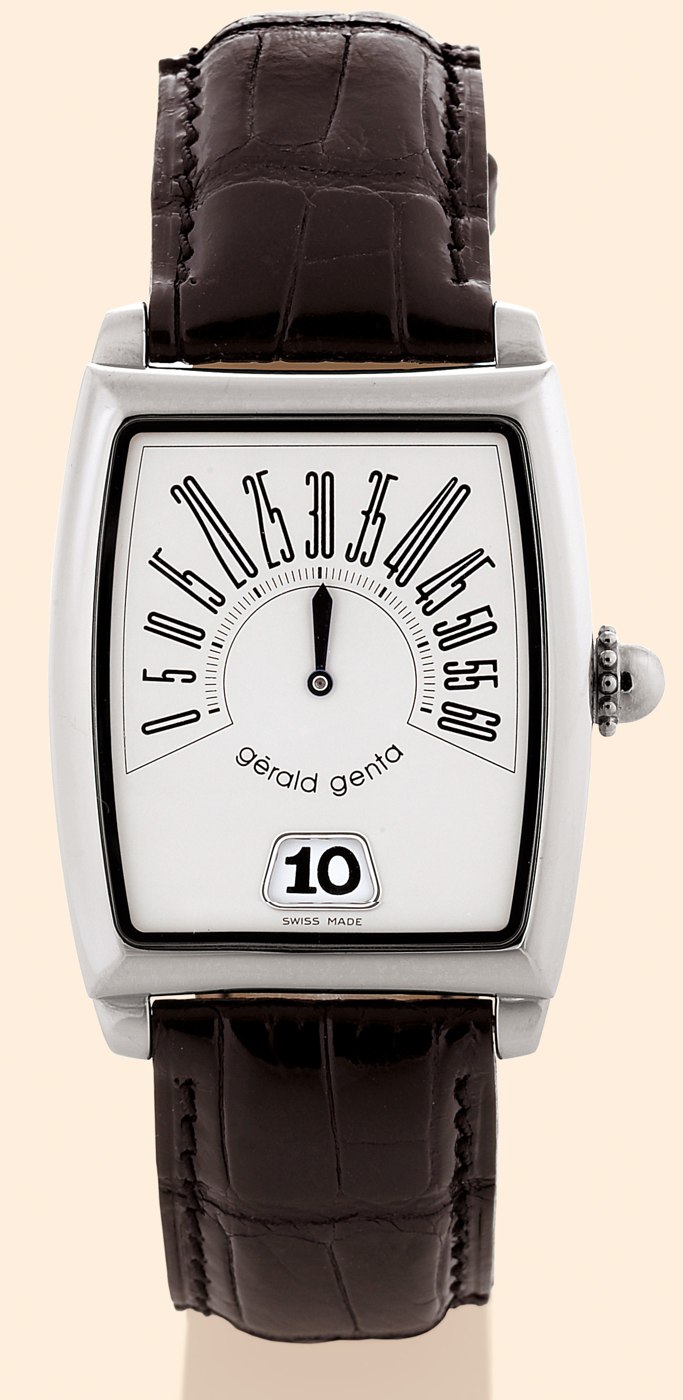 Front view of the Gérald Genta Rétro Solo, showing the jump-hour aperture and retrograde minute scale.