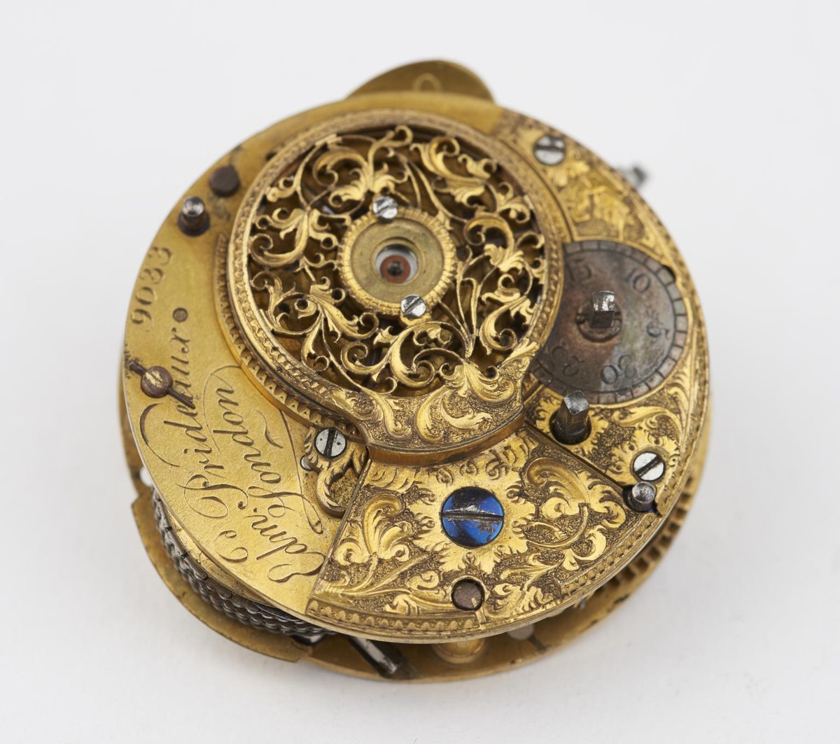 Top plate of the cylinder watch movement signed Edm. Prideaux, London, no. 9033