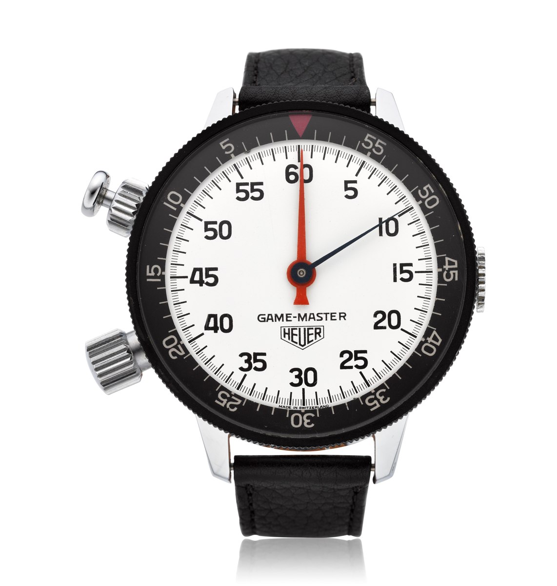 Front view of Heuer Game-Master stopwatch, reference 502.050, showing white dial and black rotating bezel