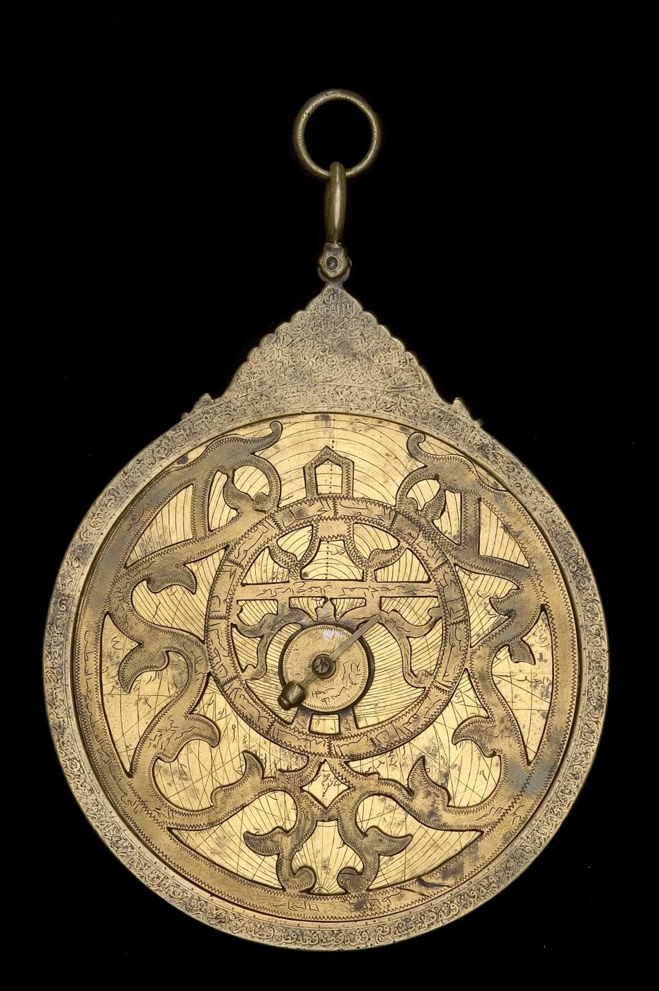 Front view of the astrolabe showing the rete, throne, and degree scale.