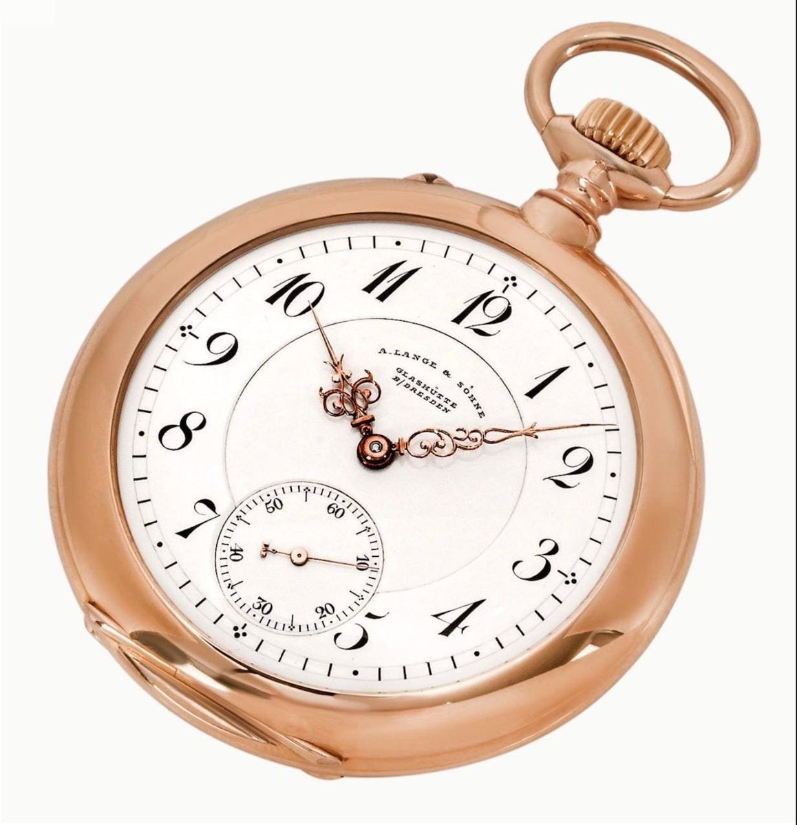 Front view of an A. Lange & Söhne rose gold open face pocket watch
