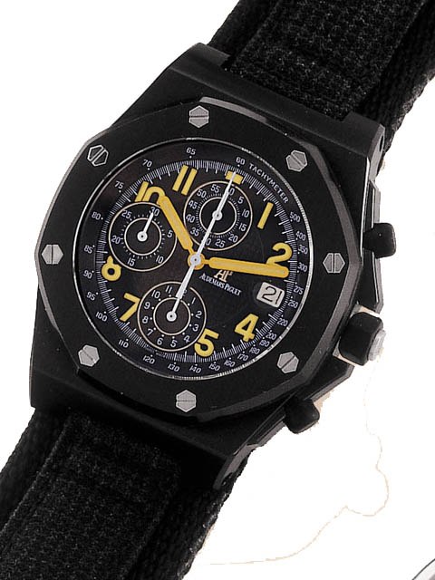 Front view of the Audemars Piguet Royal Oak Offshore 'End of Days' wristwatch with black PVD case and anthracite dial.