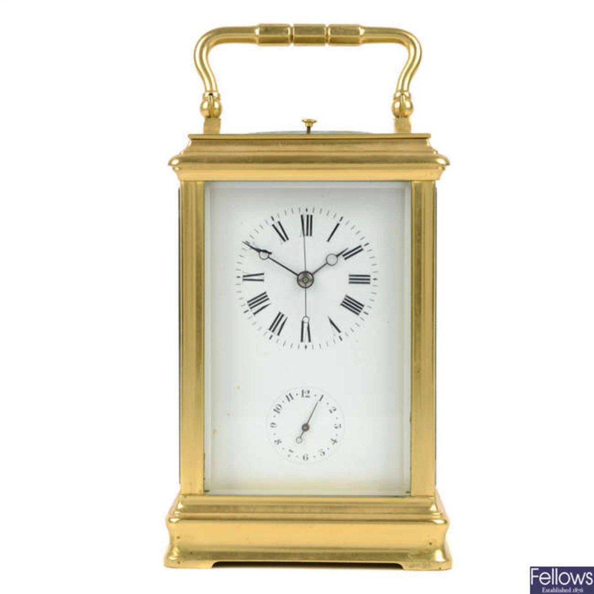 Front view of the French repeating carriage clock showing the enamel dial and handle