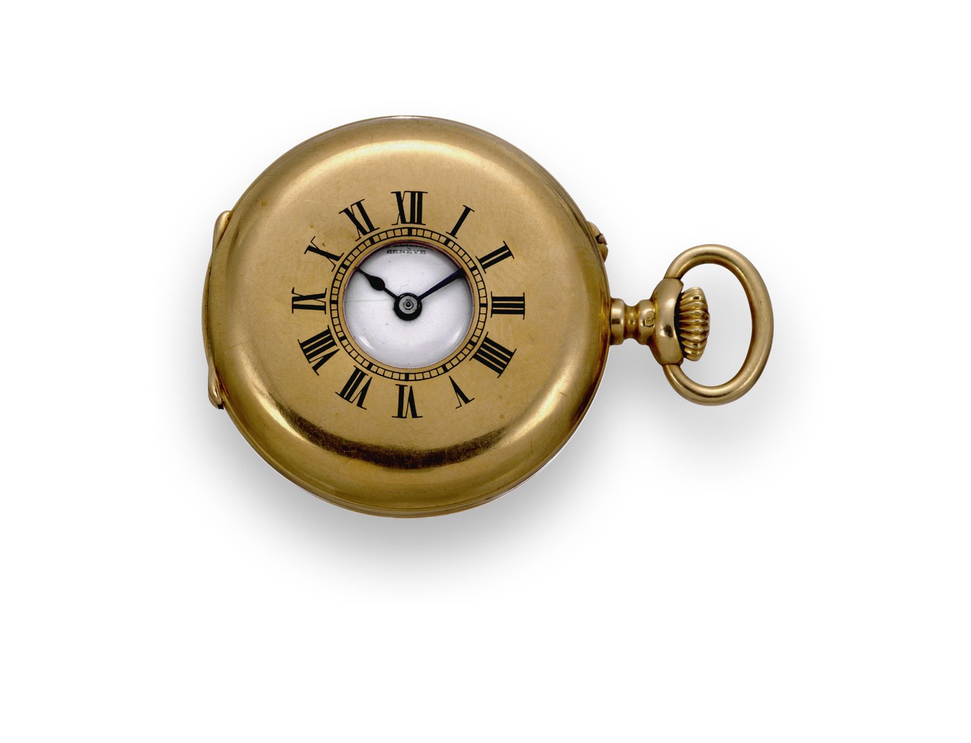Patek Philippe half-hunting cased pendant watch, featuring a glazed front cover aperture with blue champleve numerals.