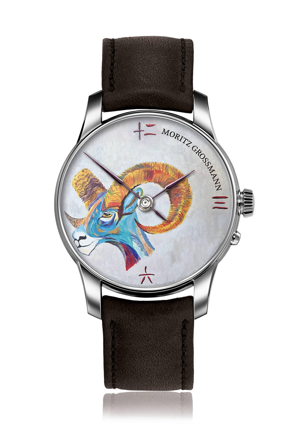 Dial and case view of the Moritz Grossmann 'Goat Eight' unique piece on brown leather strap