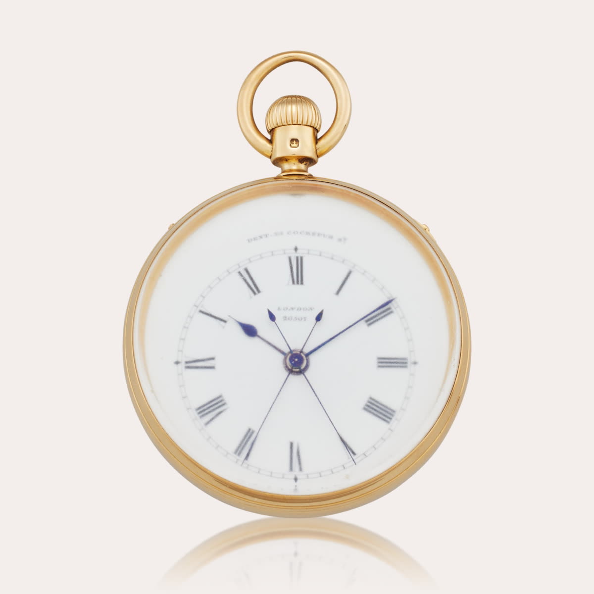 Front view of Dent, London yellow gold open-faced keyless split-seconds chronograph pocket watch No. 26507