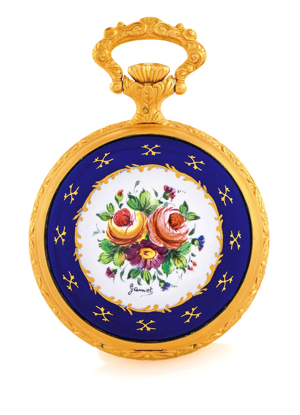 Front view of the Aero Watch keyless pocket watch showing the floral enamel cover and gold-plated case.