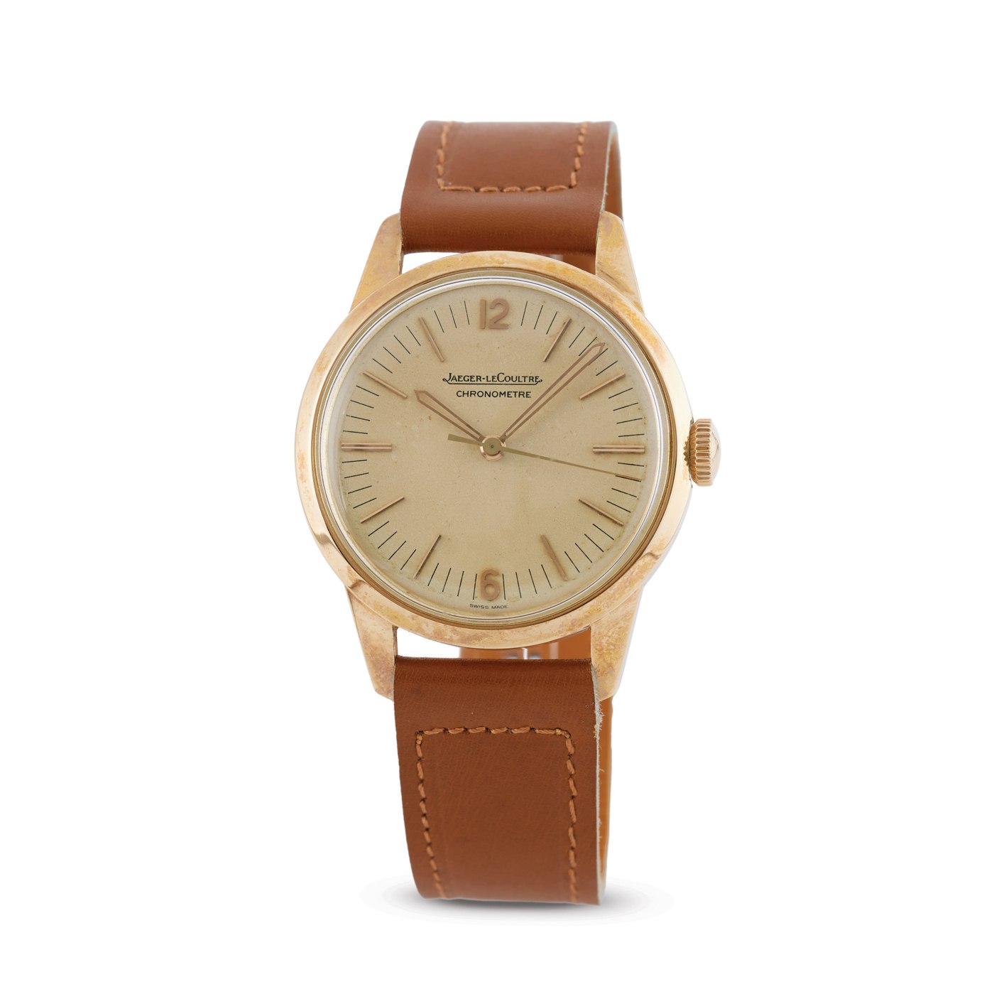 Front view of the Jaeger-LeCoultre Geophysic in 18k yellow gold with brown leather strap.