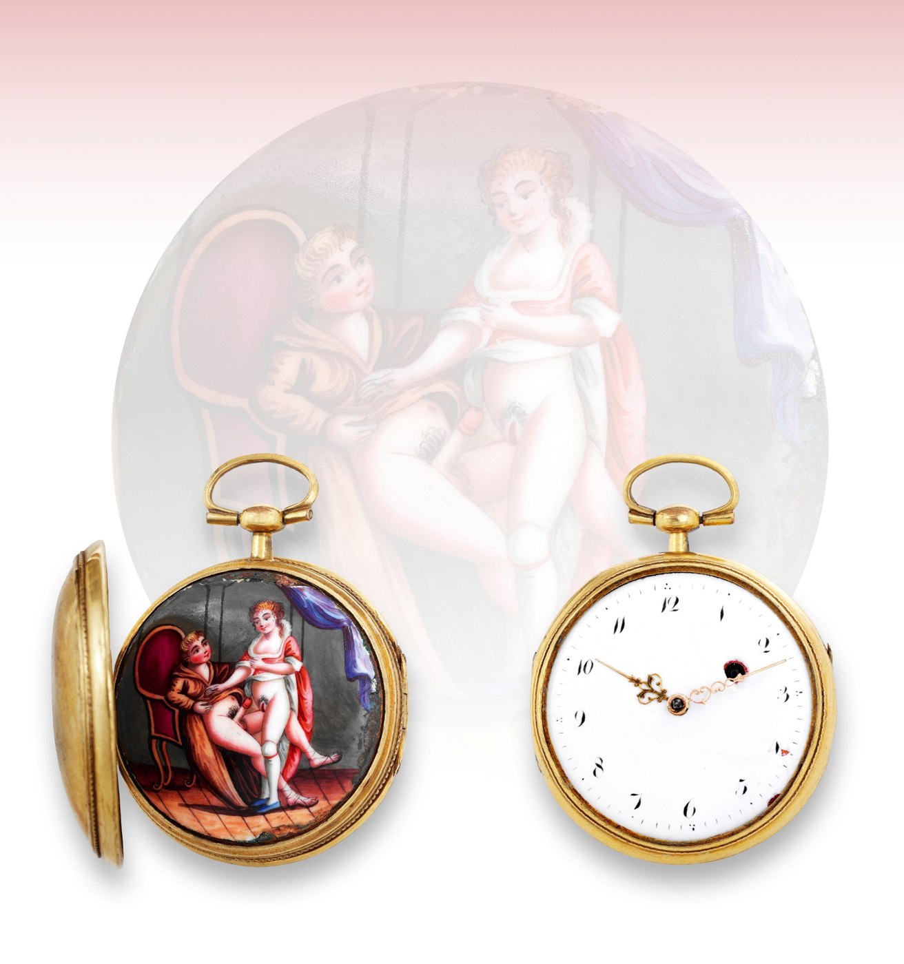 The obverse and reverse of the erotic pocket watch, showing the white enamel dial and the hidden painted scene.