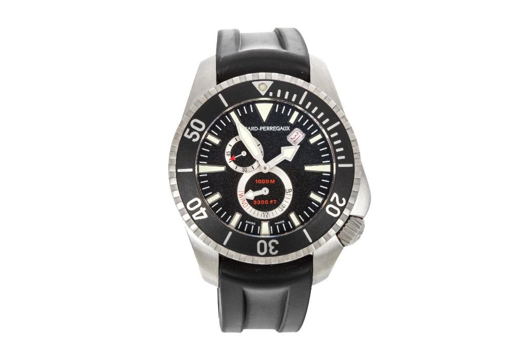 Front view of the Girard-Perregaux Sea Hawk II watch with carbon fiber dial and power reserve indicator.