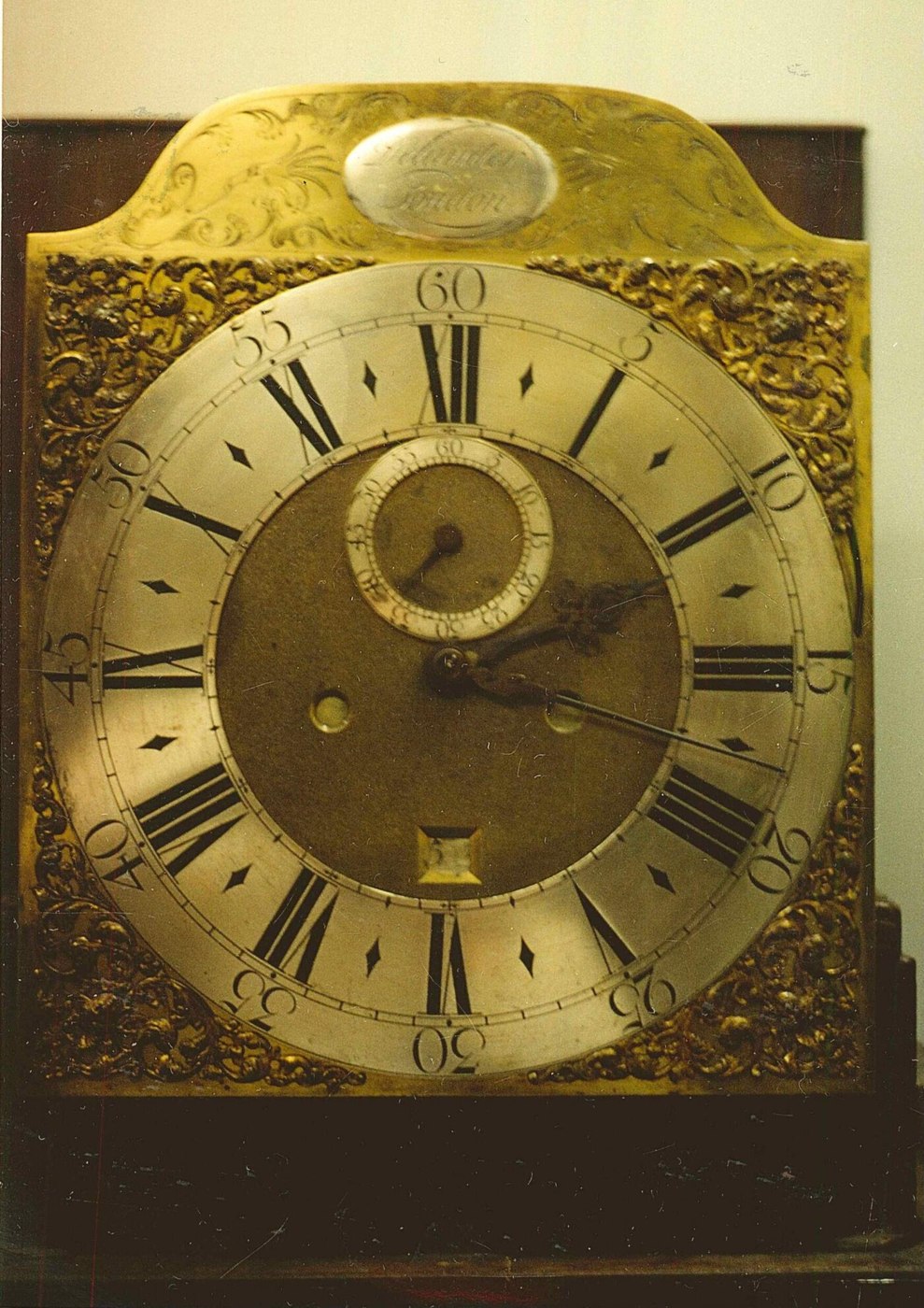 Full view of the mahogany longcase clock by Daniel Delander.