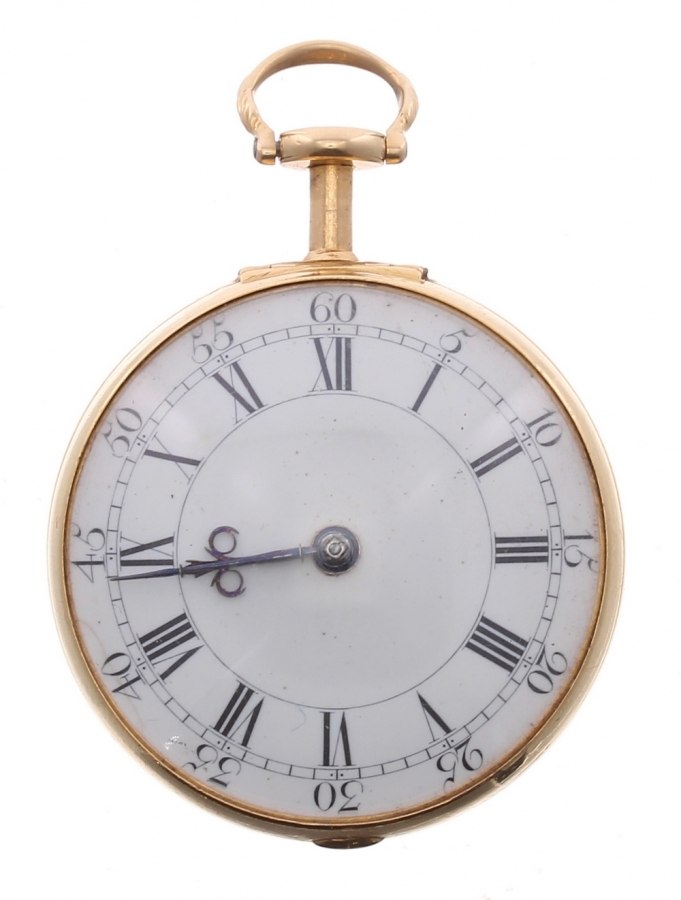 Front view of the Justin Vulliamy gold pair cased pocket watch showing the white enamel dial and blued steel hands.