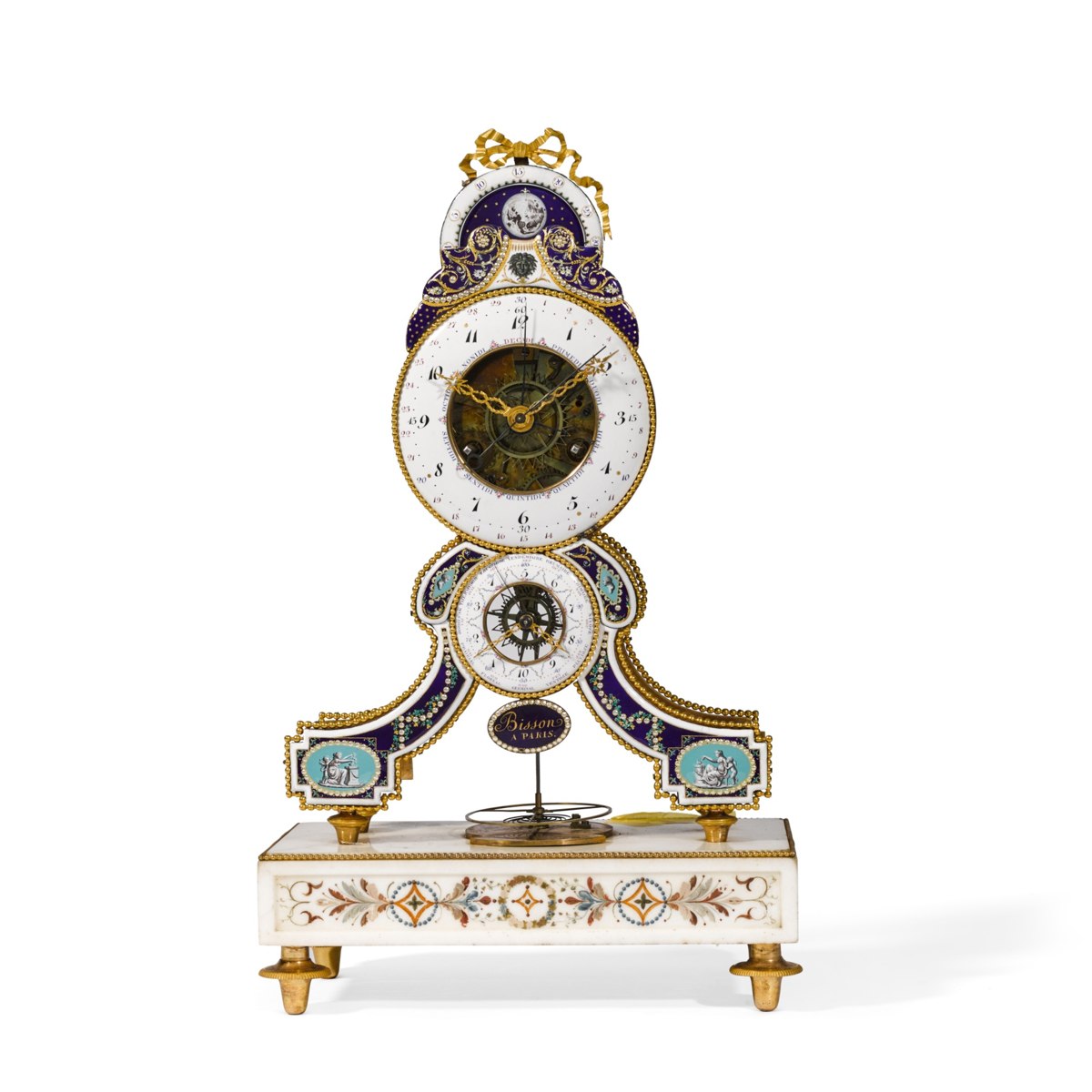 Front view of the Directoire skeleton clock showing enamel dials, painted marble base, and horizontal balance wheel