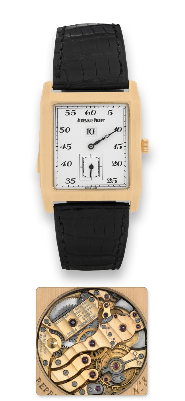Front view of the Audemars Piguet jump hour wristwatch and a detail of the Caliber 2866 movement.