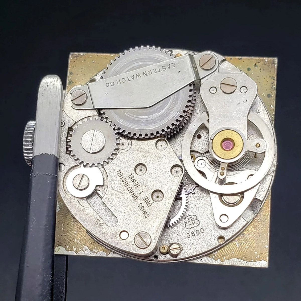 Top-down view of the uncased EB 8800 movement held with tweezers