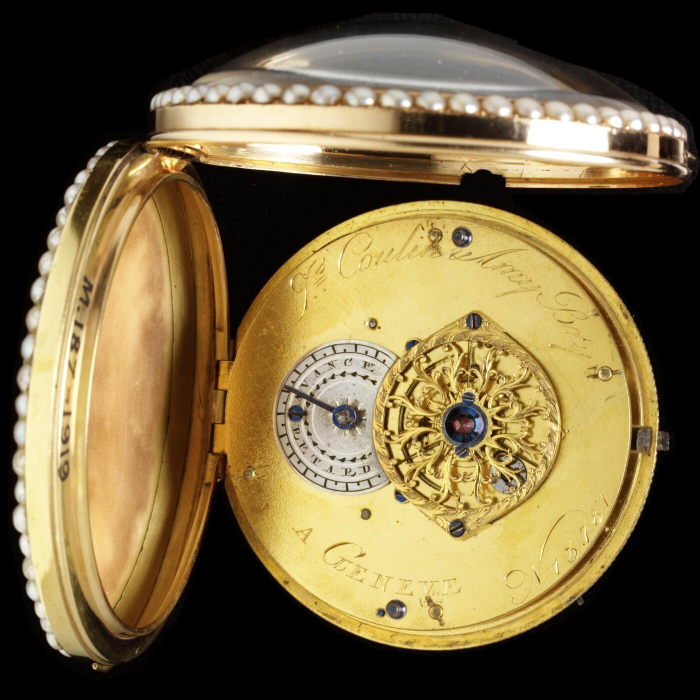 Front view of the pocket watch showing the white dial with Orazio Semeraro's name and the pearl-set bezel.