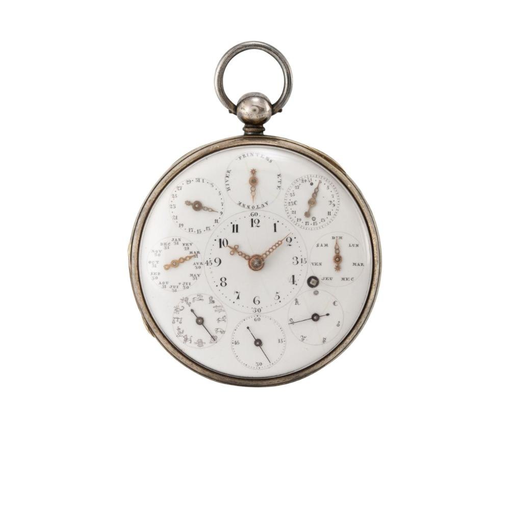 Front view of the astronomical pocket watch showing the silver case, bow, and multi-dial enamel display