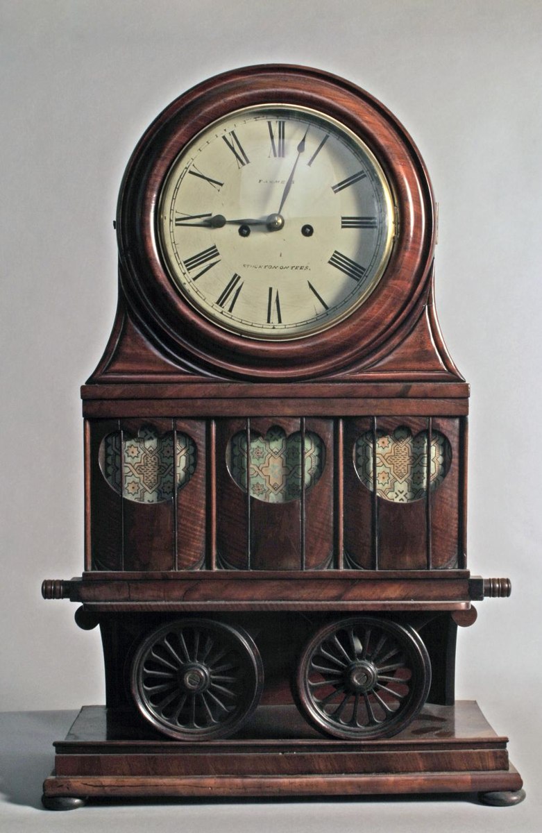 Front view of Thomas Farmer's Stockton & Darlington Railway commemorative clock
