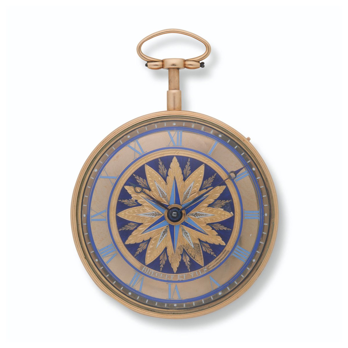 Front view of the Breguet et Fils openface pocket watch showing the rosette enamel dial and gold case