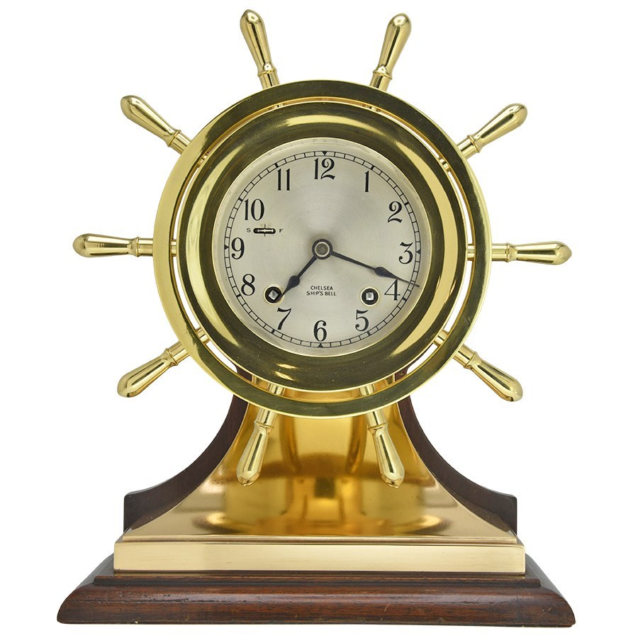 Front view of Chelsea Mariner yacht wheel ship's bell clock on wood base