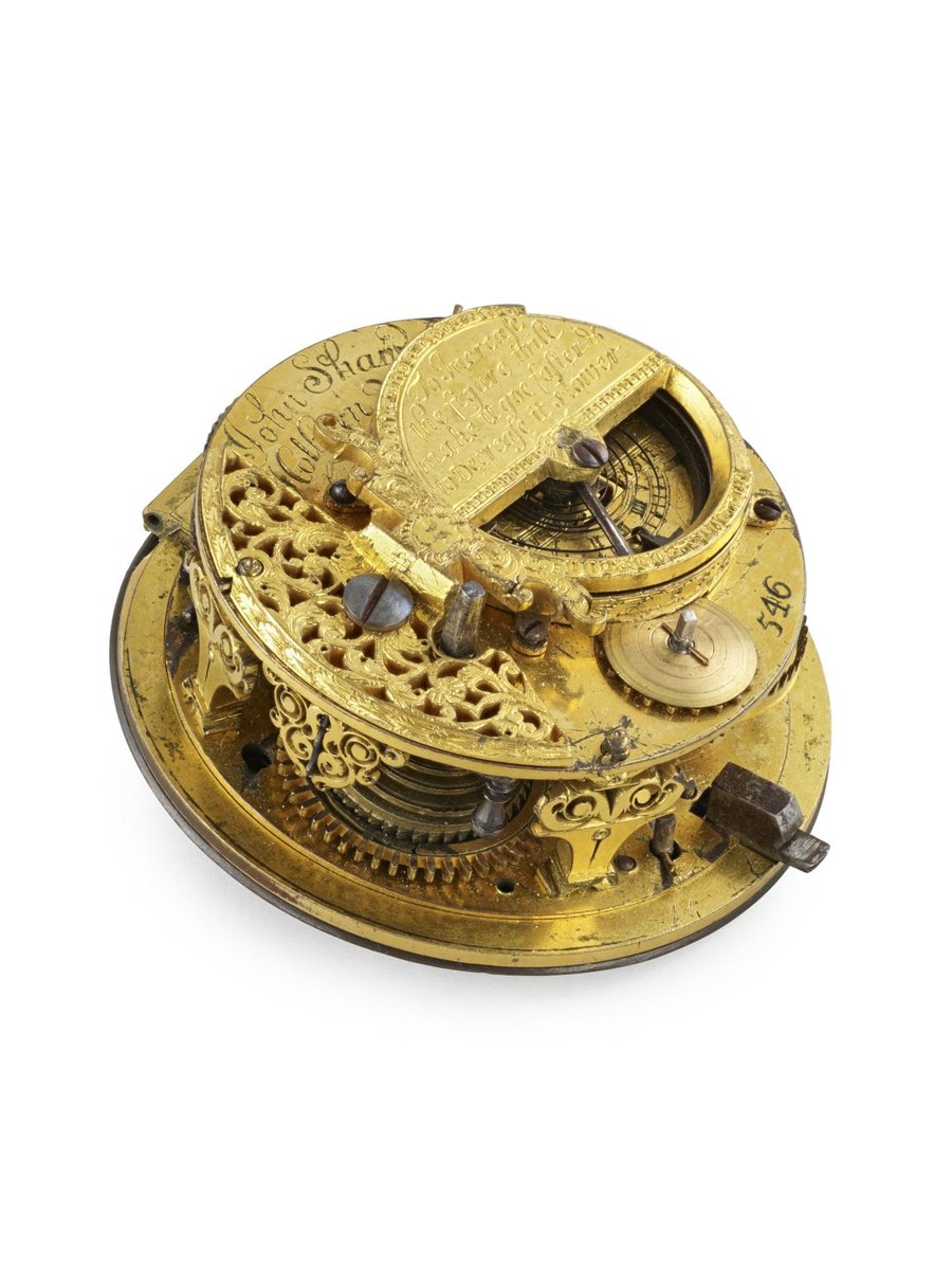 Backplate three-quarter view of verge escapement watch movement no. 546 by John Shaw showing balance cock and regulator