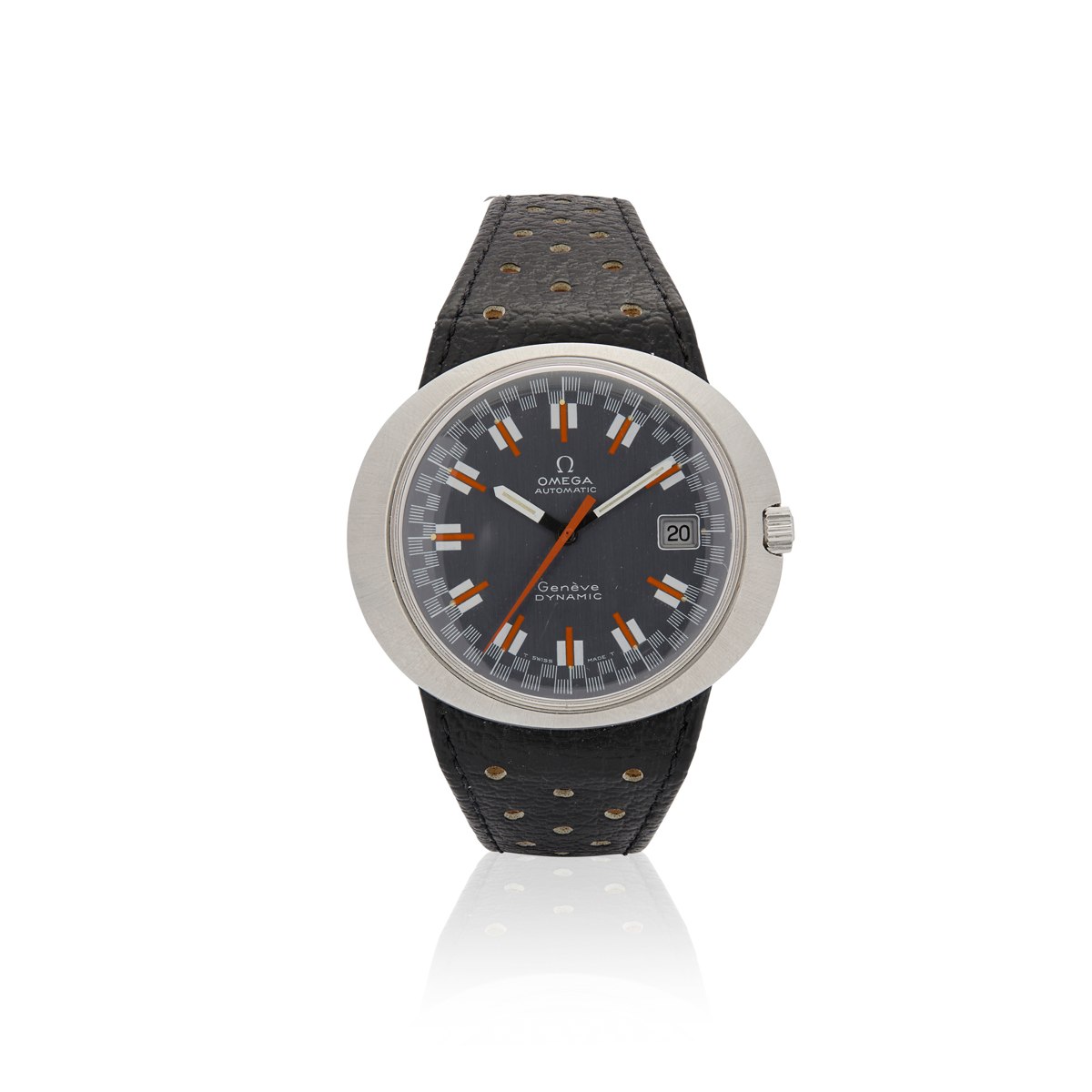 Front view of the Omega Genève Dynamic automatic wristwatch featuring a racing dial