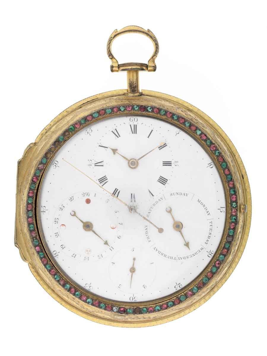 Dial view of the James Tregent multi-dialled pocket watch with stone-set bezel