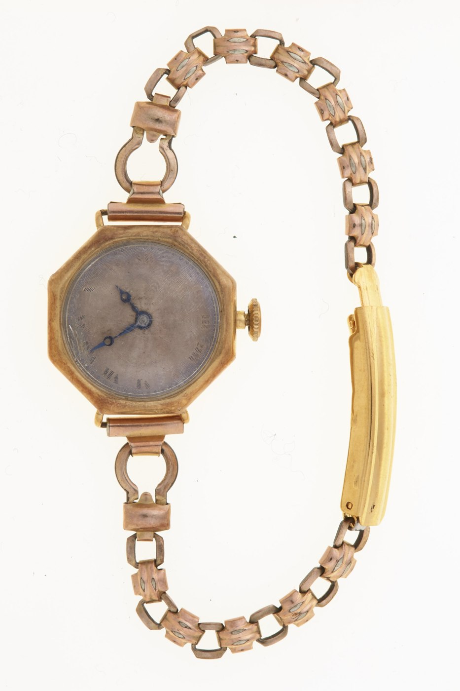 Front view of the Rolex octagonal wristwatch, showing the case, dial, and replacement metal band.