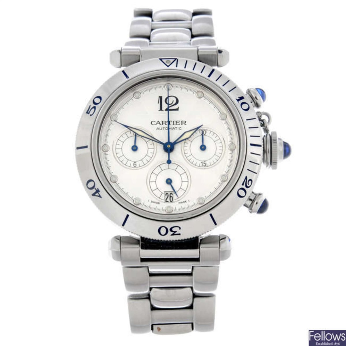 Front view of Cartier Pasha chronograph watch reference 2113 on steel bracelet