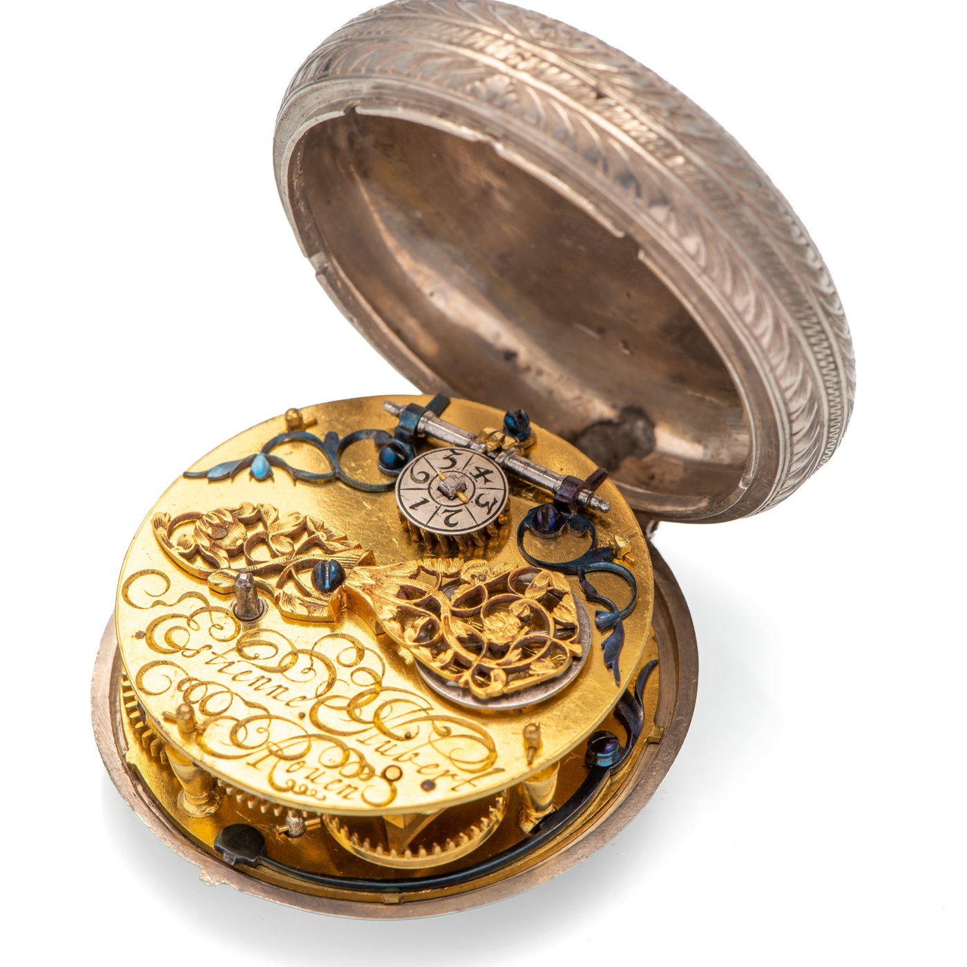 Movement of the Estienne Huber pair-cased watch, showing the engraved balance cock and setup disc.