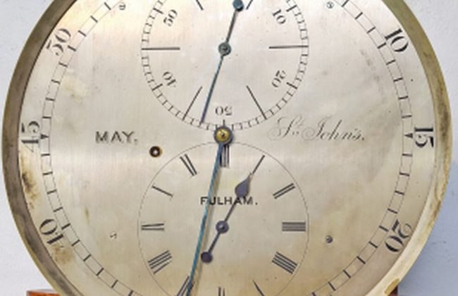 Dial of the regulator clock showing subsidiary registers and engravings 'MAY.', 'St John's.', and 'FULHAM.'