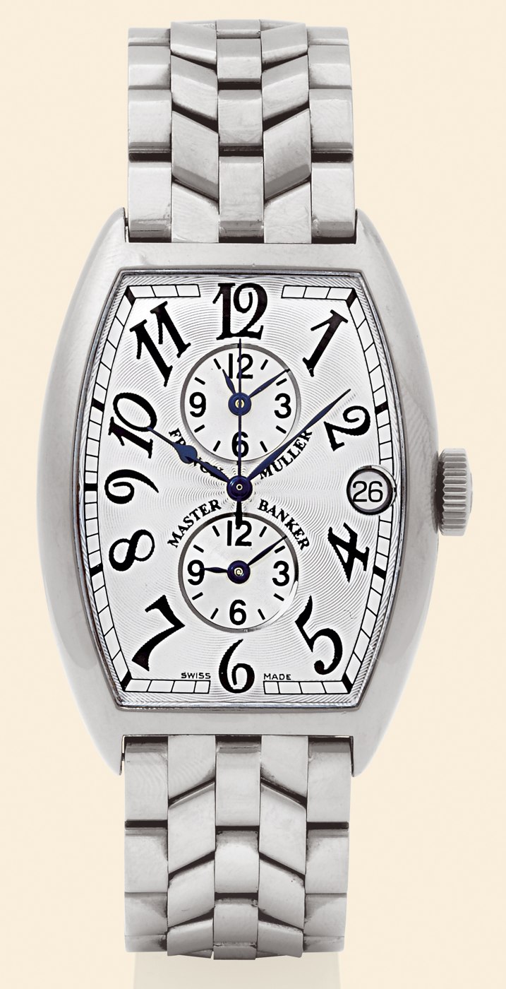 Front view of the 18K white gold Franck Muller Cintrée Curvex Master Banker Ref. 5850 MB.