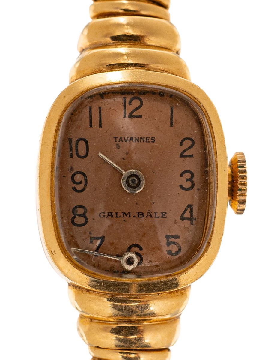 Front view of the 18k gold Tavannes wristwatch displaying the bronze-colored dial and retailer signature