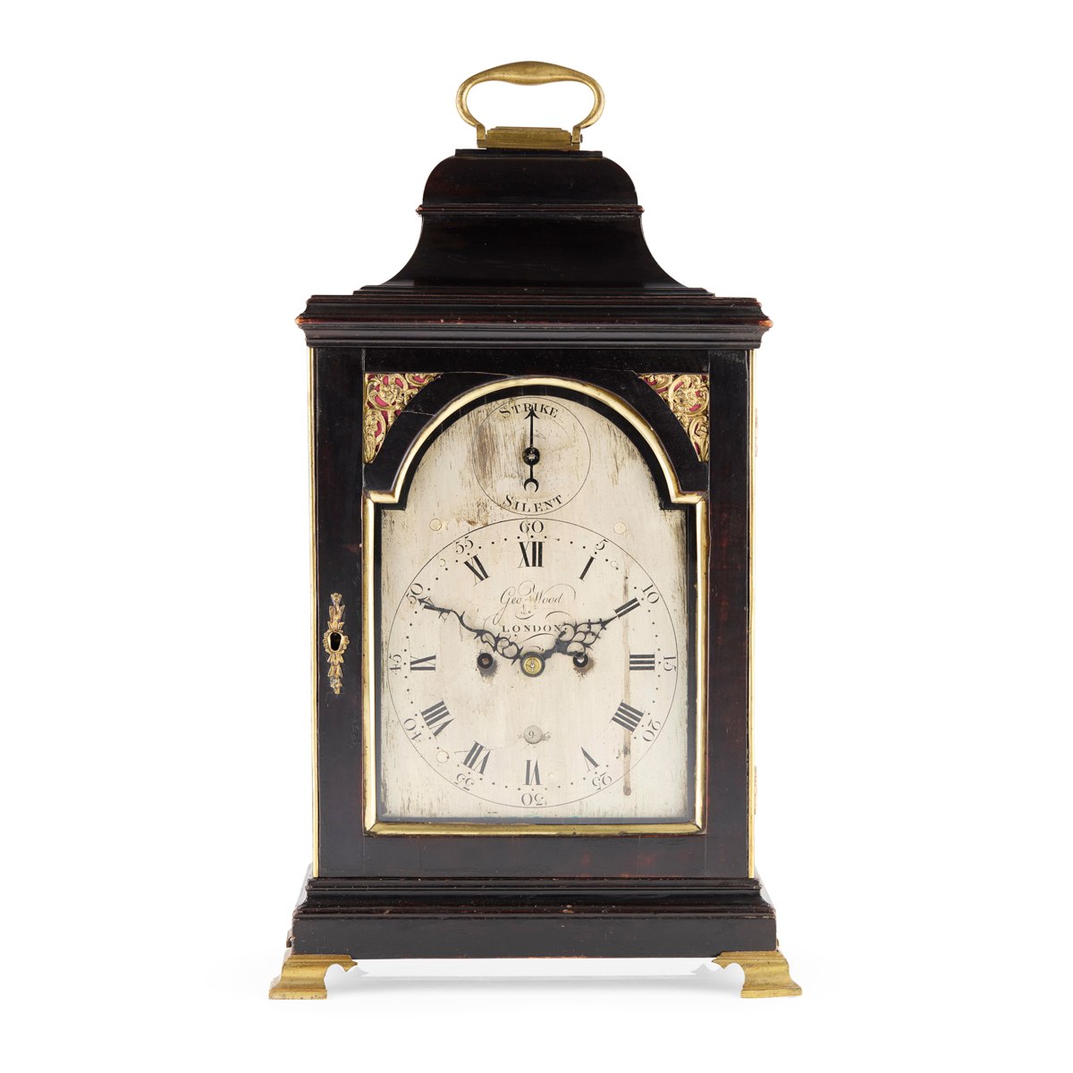 Front view of the George III ebonised bracket clock signed Geo. Wood, London