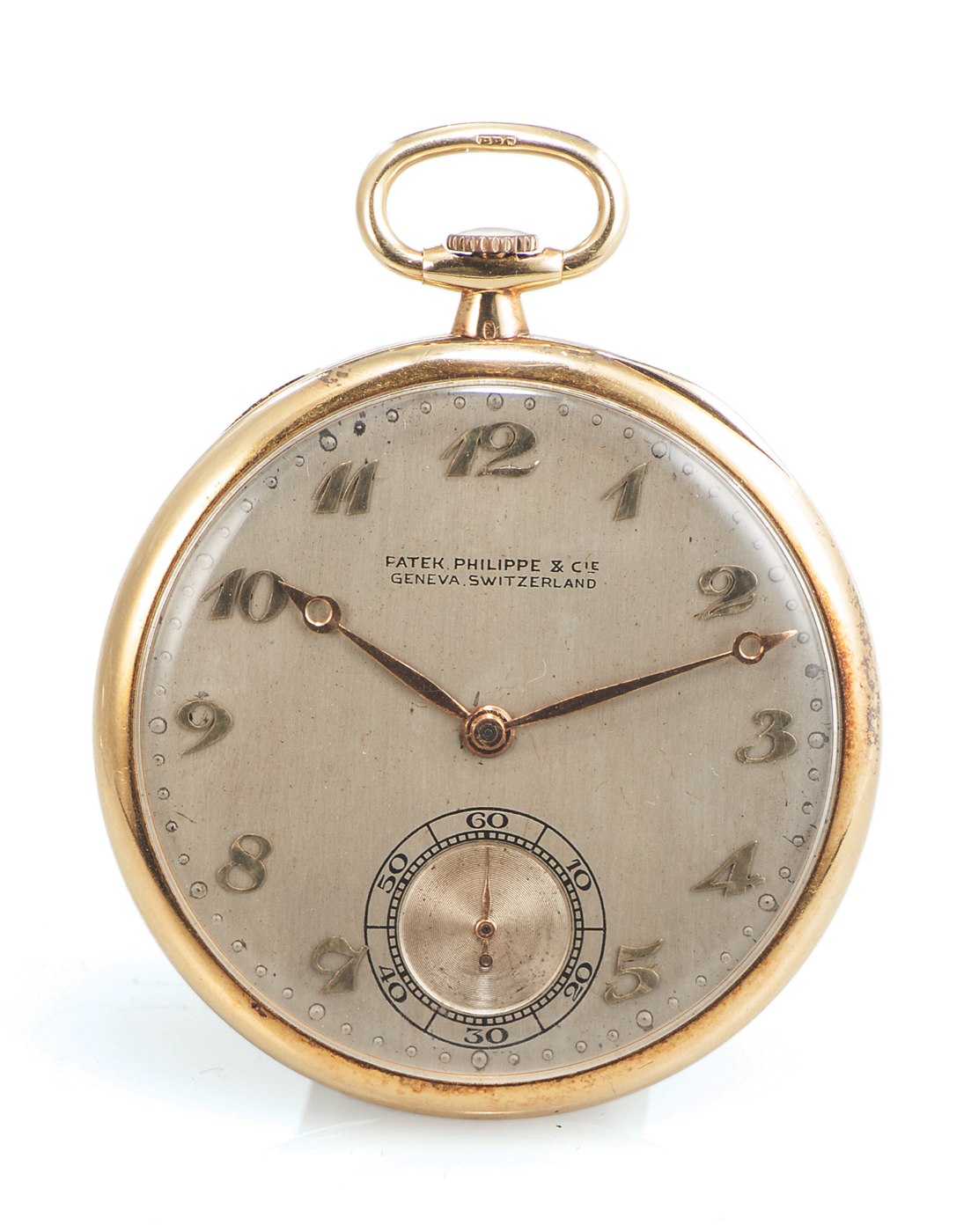 Front view of the Patek Philippe dress watch showing the brushed silver dial, Breguet numerals, and subsidiary seconds.