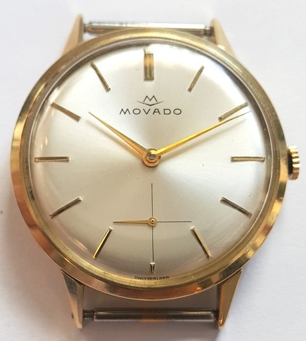 Dial and case front of the vintage Movado wristwatch