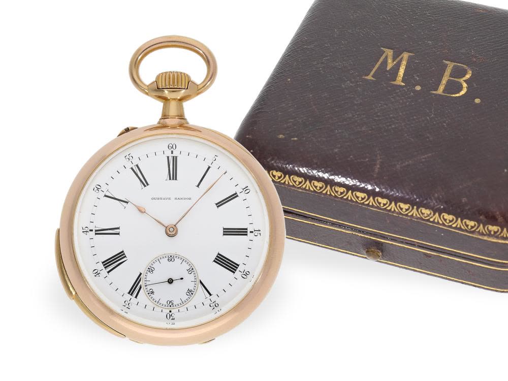 Dial and case front of the Gustave Sandoz minute repeating pocket watch with fitted box