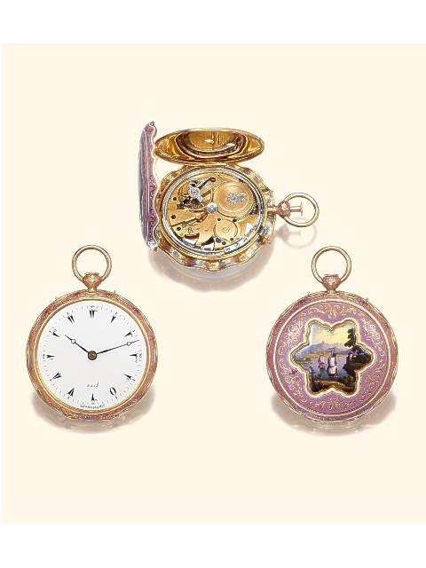 Front view of the watch dial, rear view of the enamelled cover, and an internal view showing the movement.