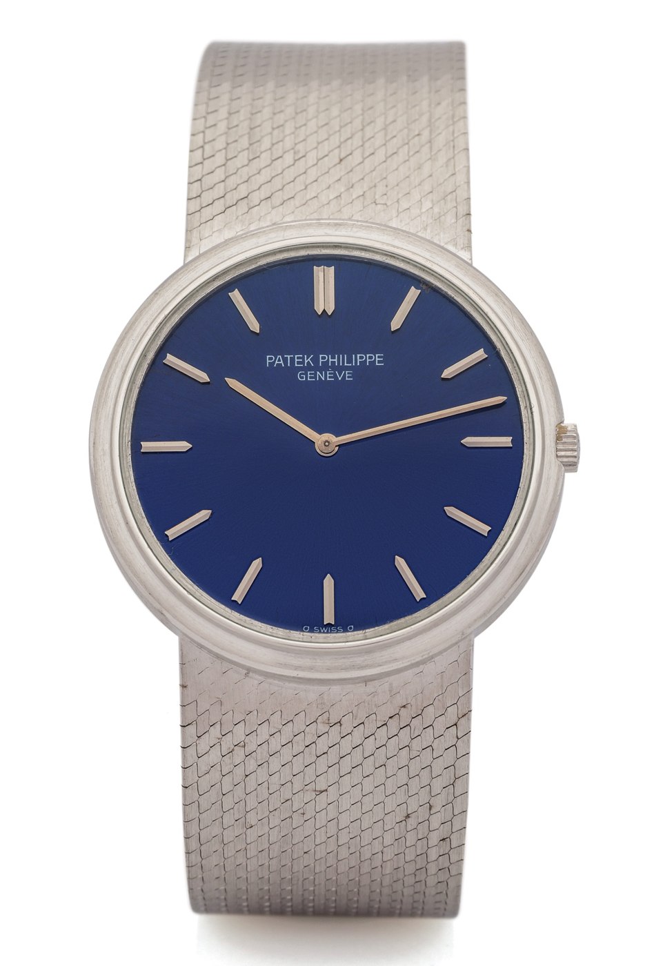 Frontal view of the Patek Philippe Ref. 3606/1 in white gold with blue dial and integrated linen-textured bracelet.
