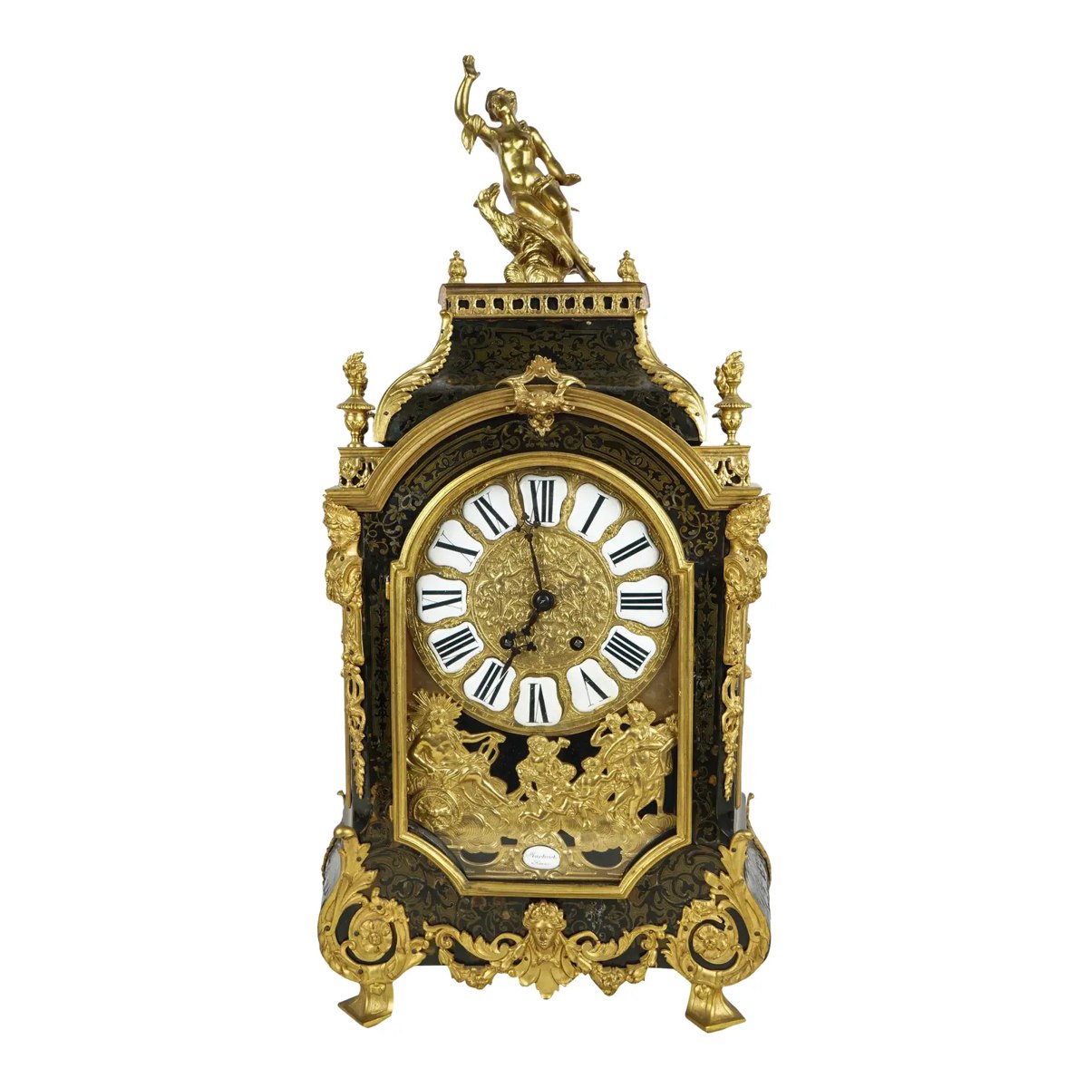 Front view of the French Boulle bracket clock showing the ornate case, cartouche dial, and figural mounts