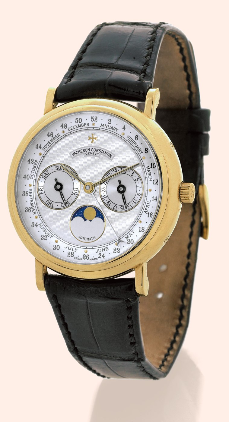 Front view of the Vacheron Constantin 47052 wristwatch featuring an astronomical dial and leather strap.