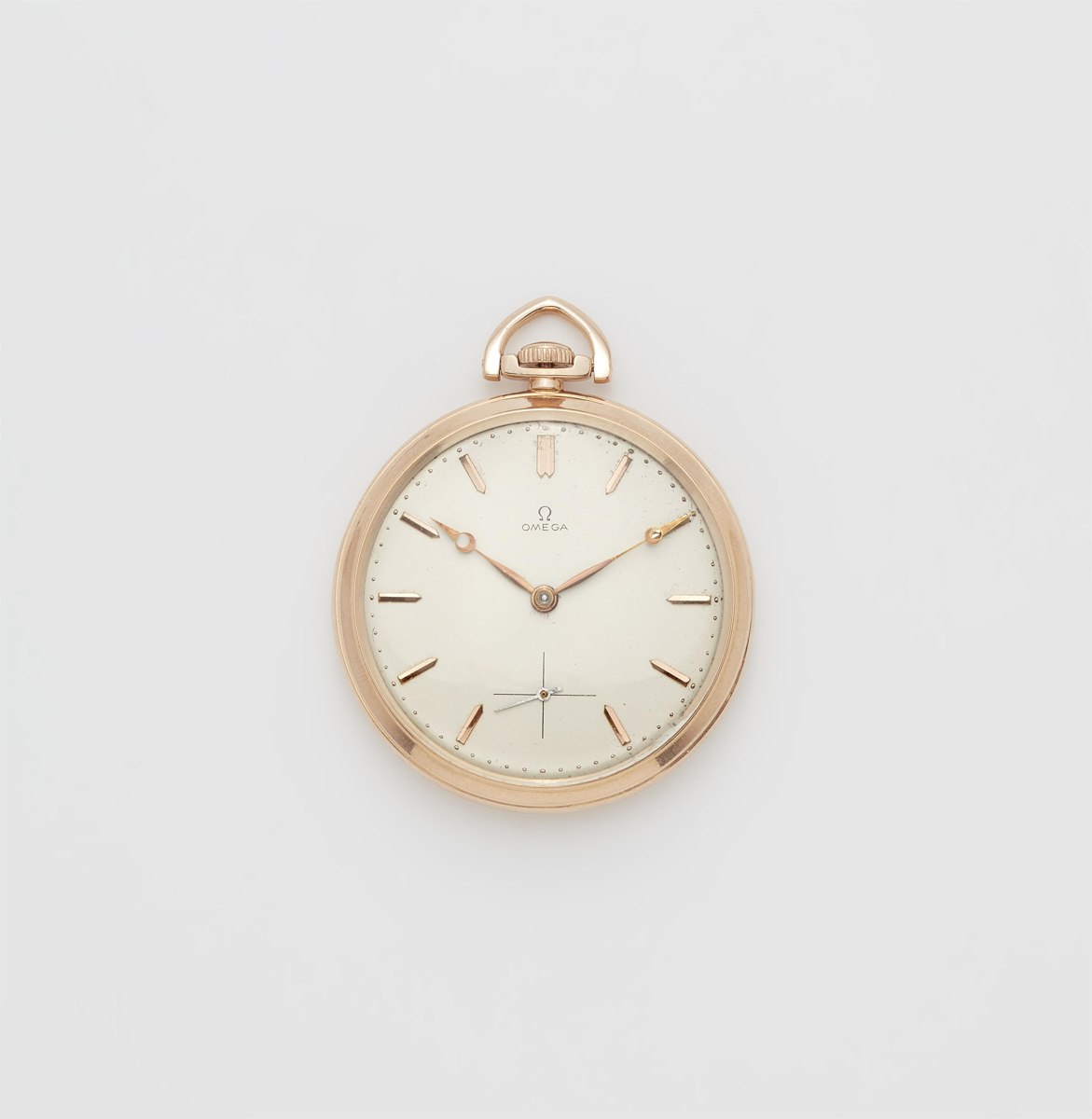 Dial view of the Omega 18k rose gold Lépine pocket watch